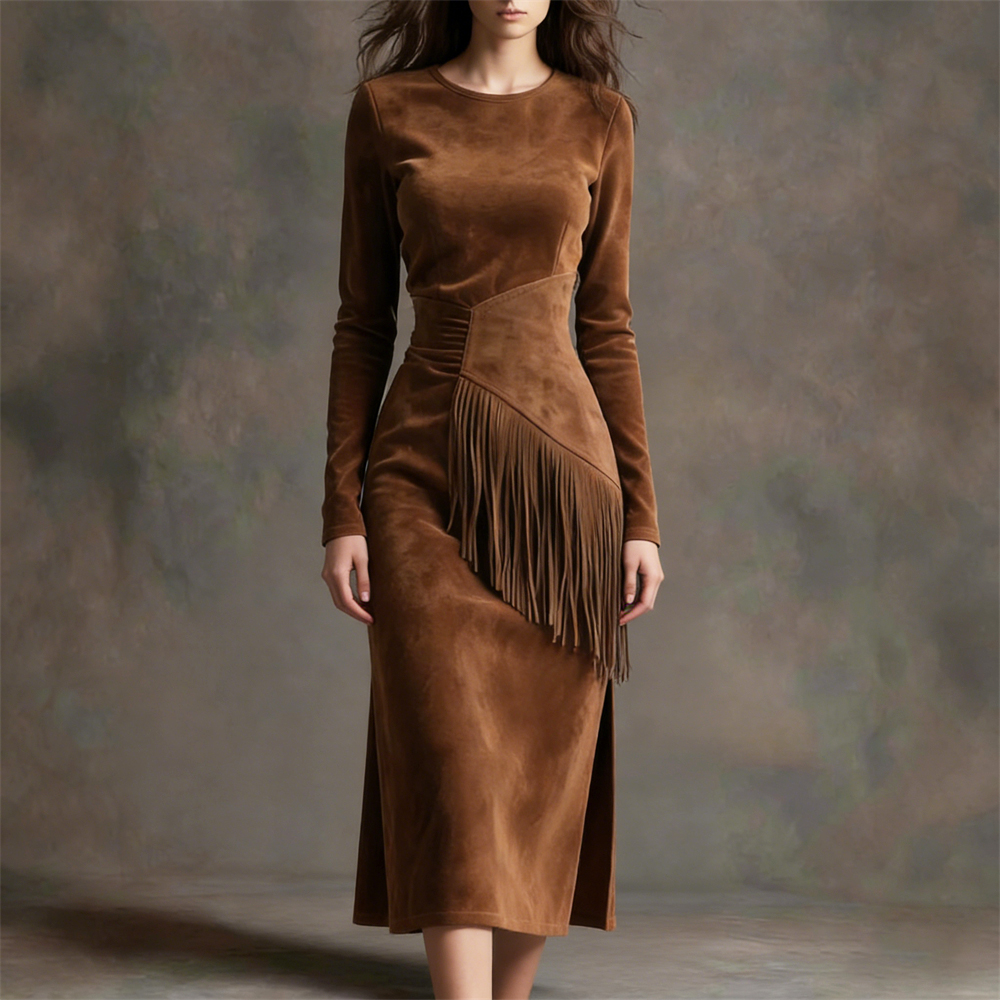 Women's Vintage Fringe Suede Dress-elviree