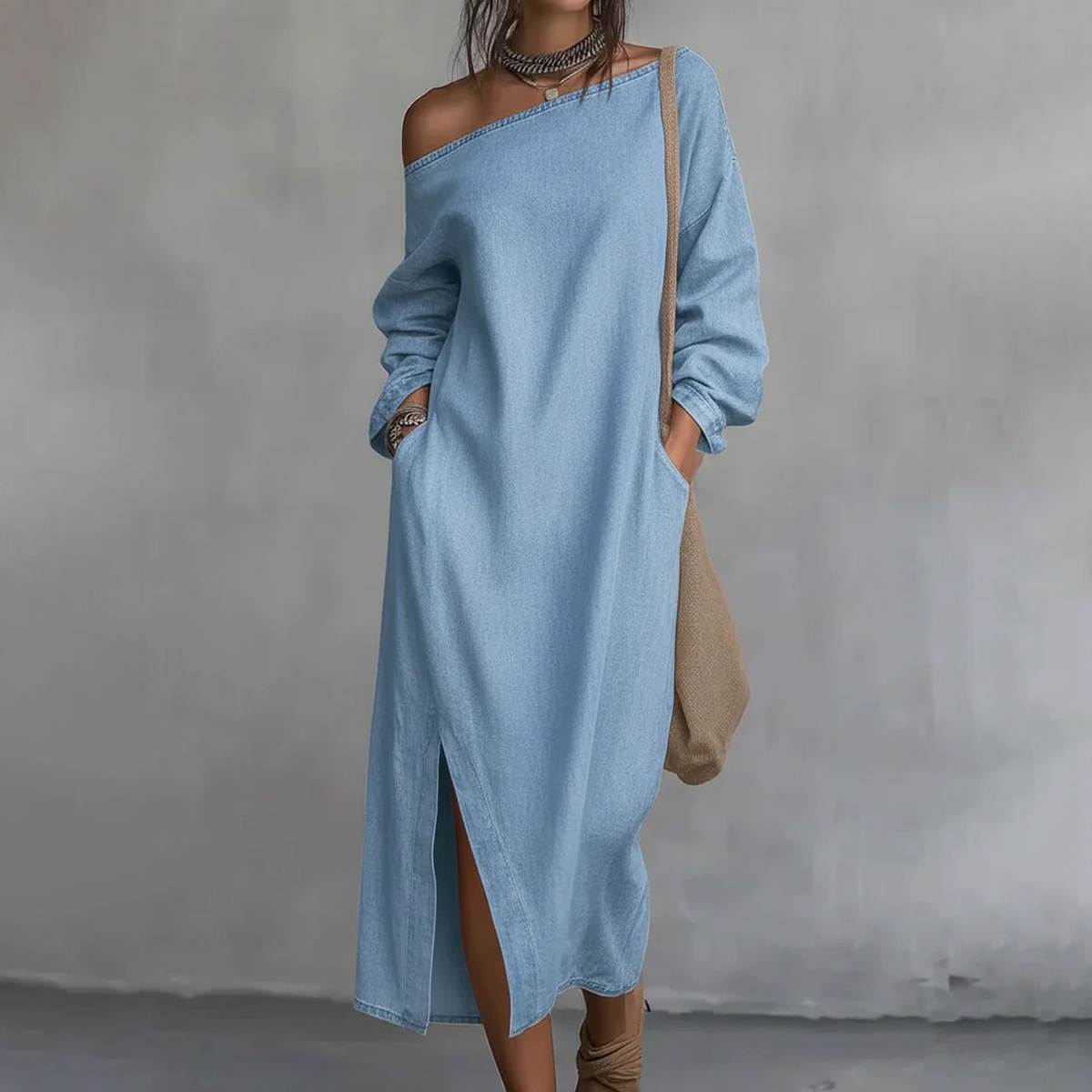 Women's Casual Solid Color One-shoulder Cotton Linen Maxi Dress-elviree