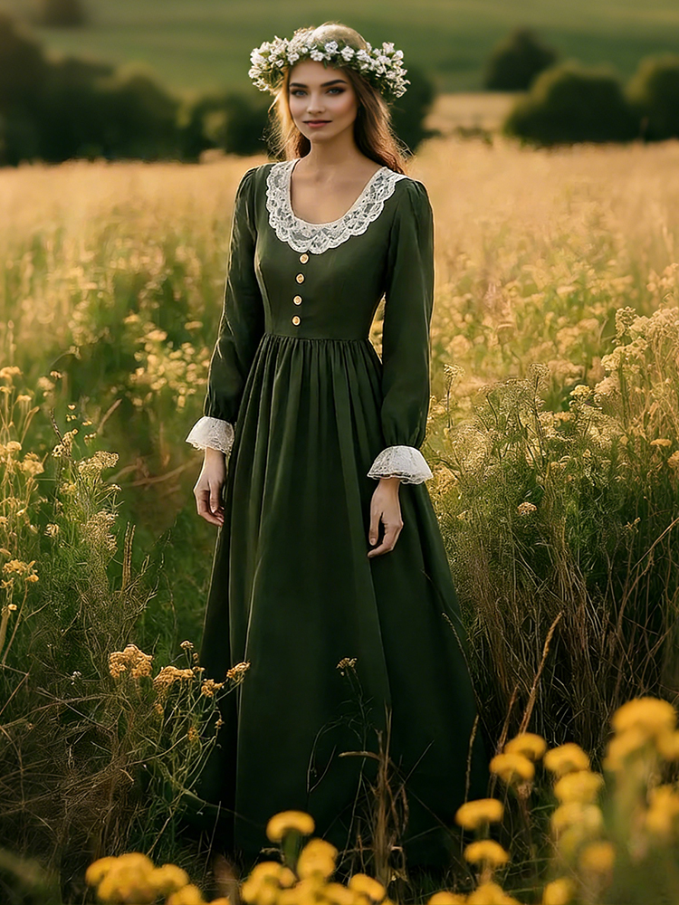 Vintage Lace Patchwork Pleated Linen Maxi Dress-elviree