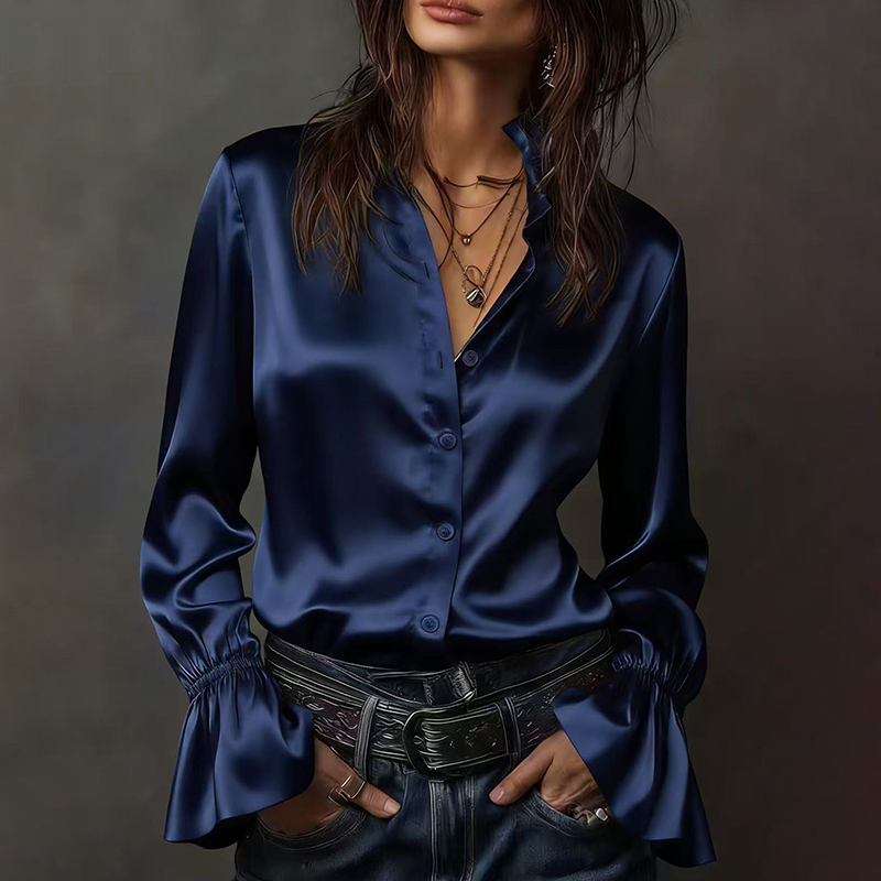 Elegant Solid Color Waltz Satin Long-sleeved Shirt-elviree