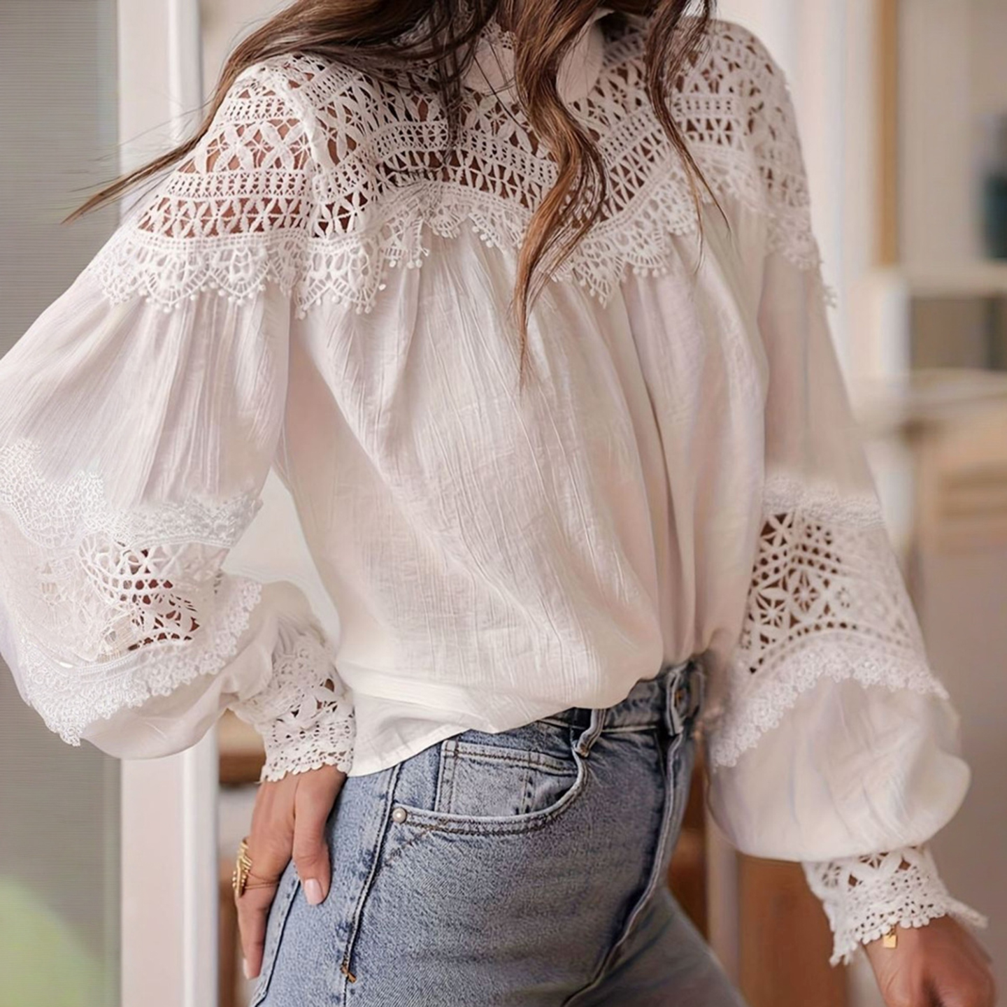 Women's Elegant Floral Lace Cotton And Linen High Collar Top-elviree