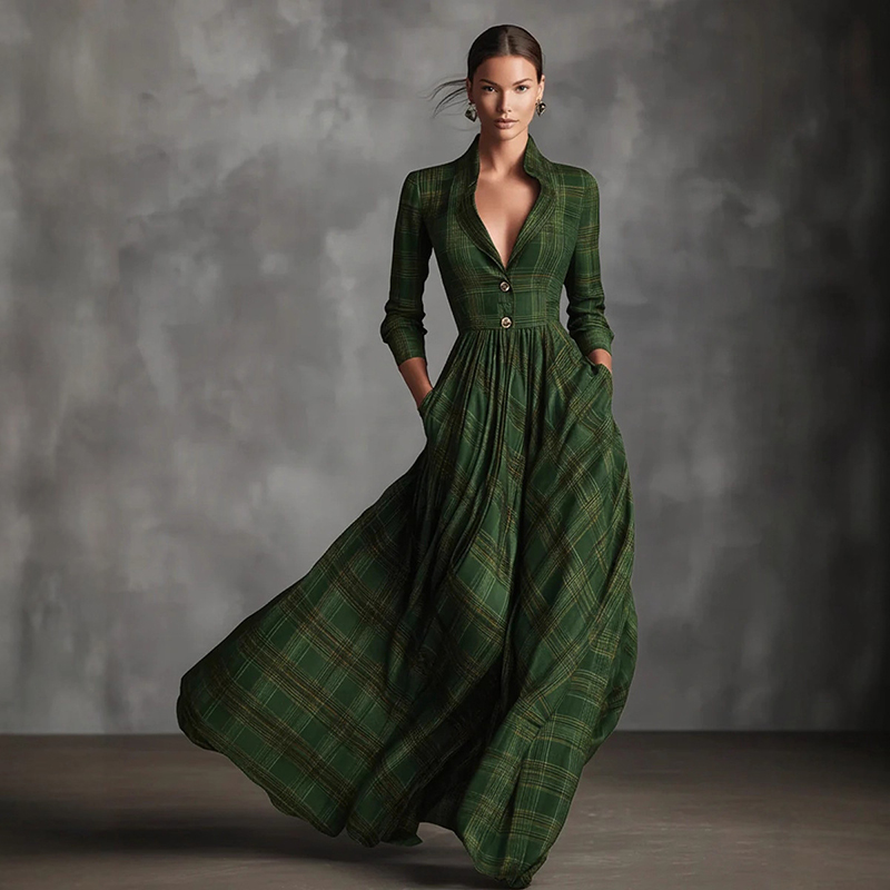 Vintage Plaid French Style Large Hem V-neck Maxi Dress-elviree