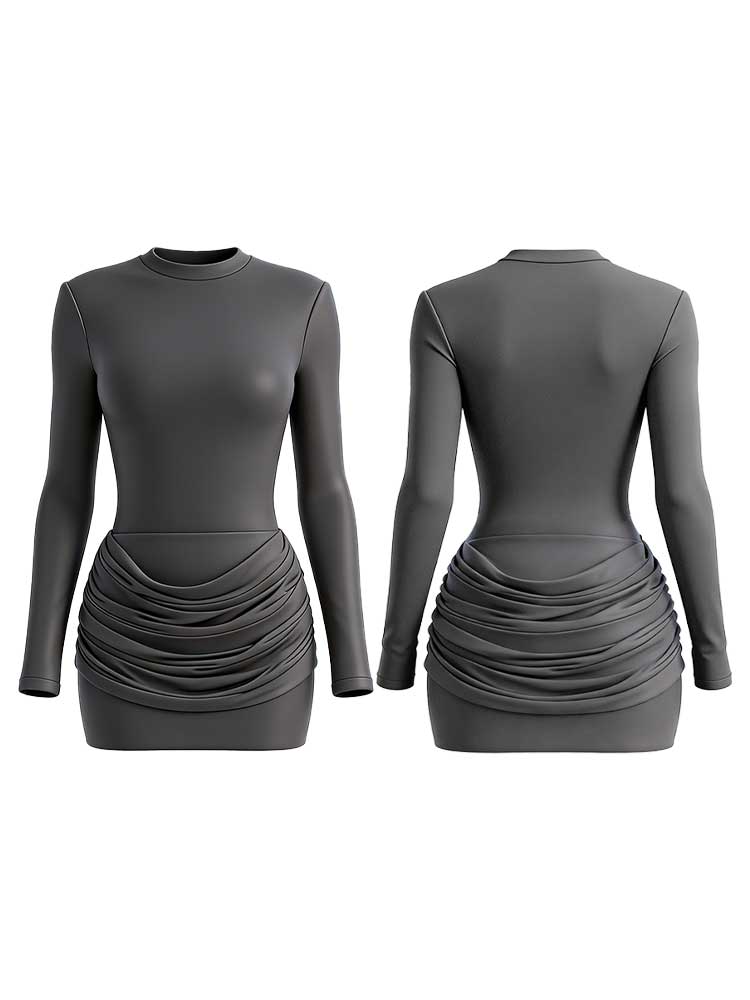 Pure Color Pleated Wrap Around Dress-elviree