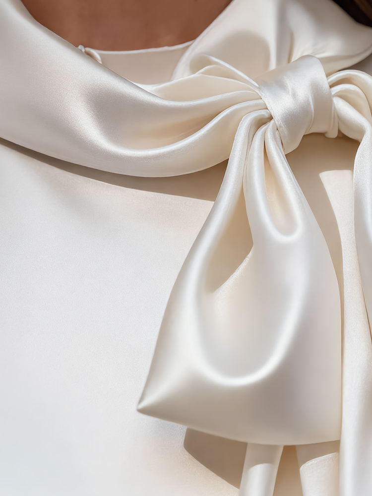 Elegant Champagne White Satin Sleeveless Bow Shirt-elviree