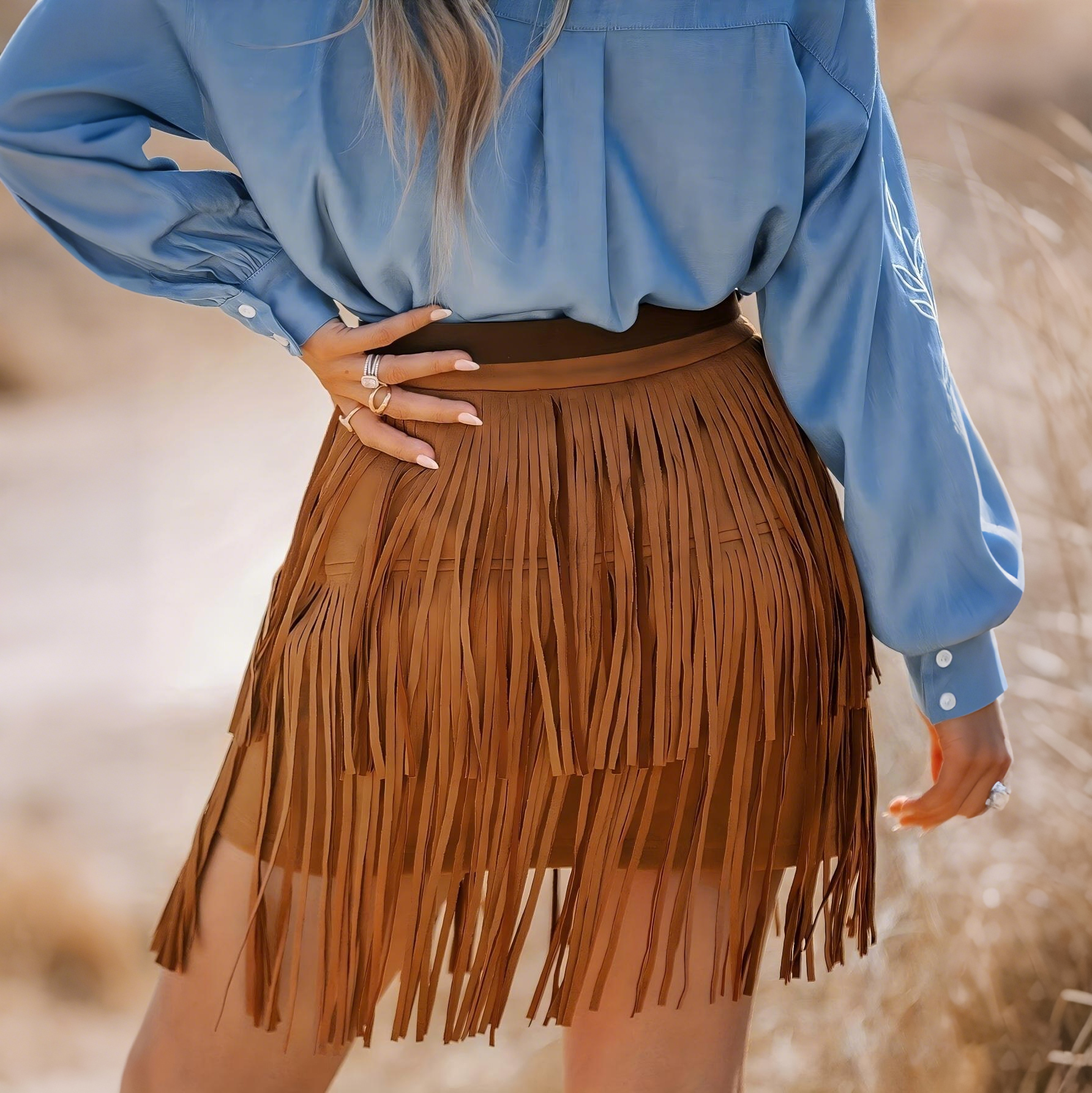 Vintage Western Cowboy Style Fringed Suede Skirt-elviree