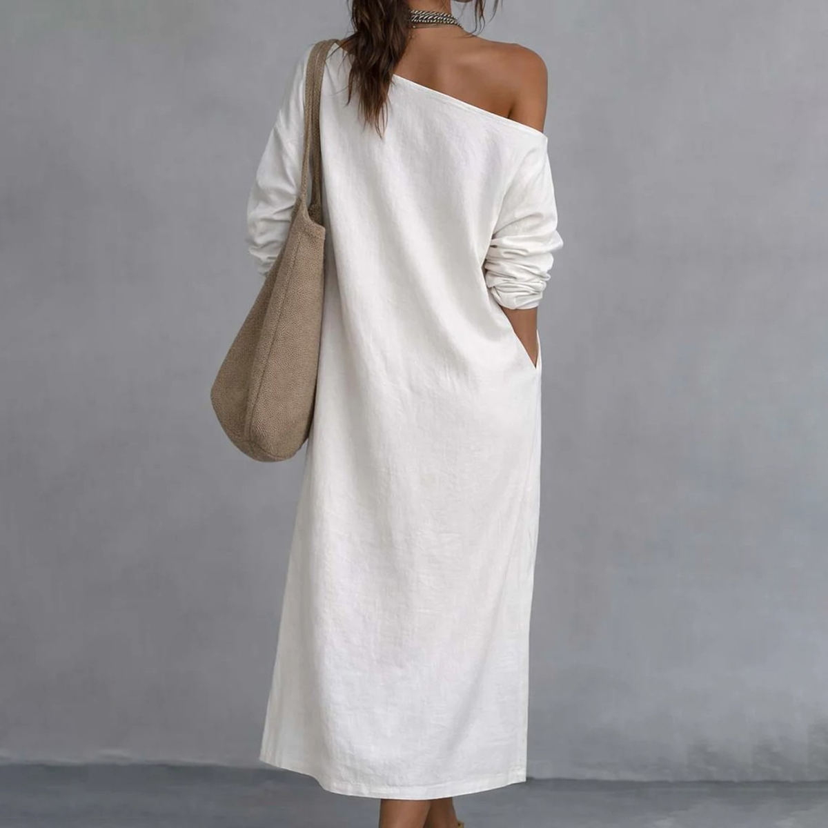 Women's Casual Solid Color One-shoulder Cotton Linen Maxi Dress-elviree