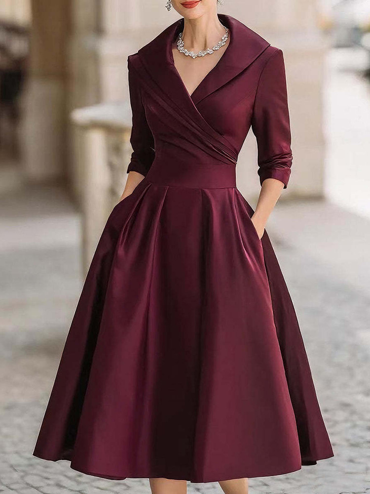 Vintage-inspired Satin Midi Dress With Draped Collar-elviree