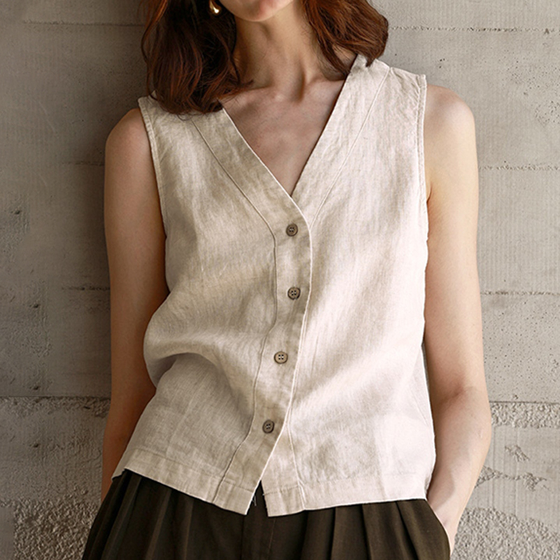 Women's Solid Color Cotton-linen Button-up Vest-elviree
