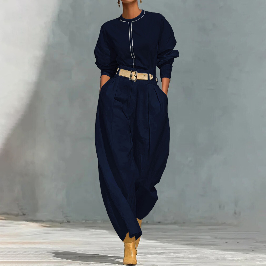 Simple Loose Top And Harem Wide-leg Pants Two-piece Set (with Belt)-elviree