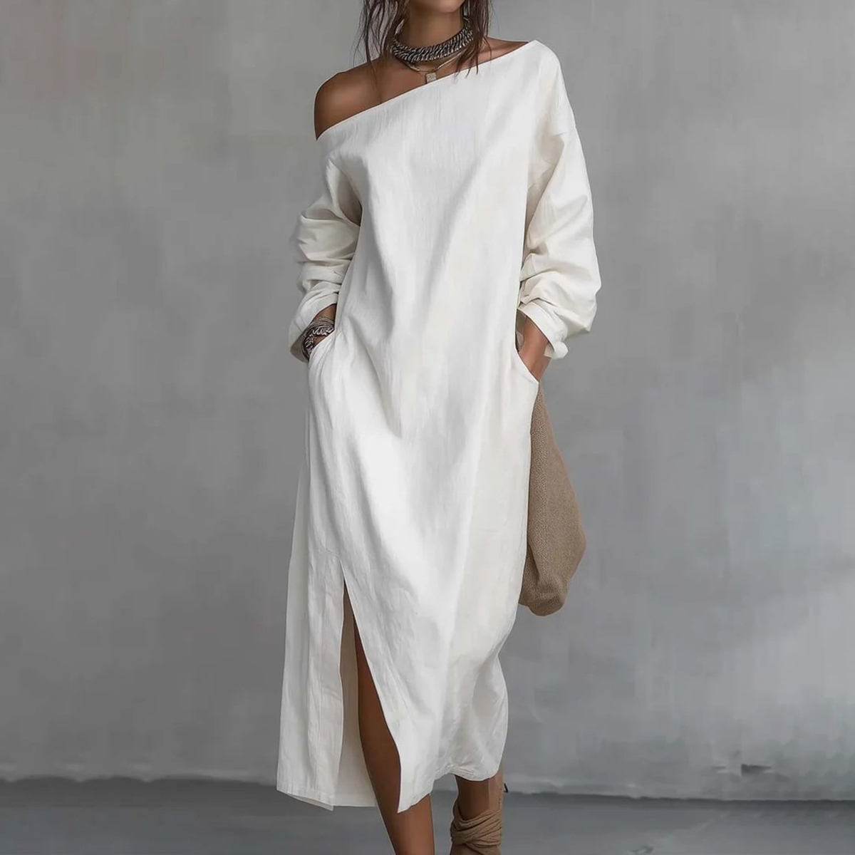 Women's Casual Solid Color One-shoulder Cotton Linen Maxi Dress-elviree