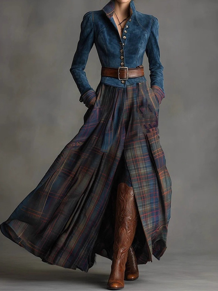 Vintage Style Suede And Plaid Patchwork Maxi Dress (with Belt)-elviree