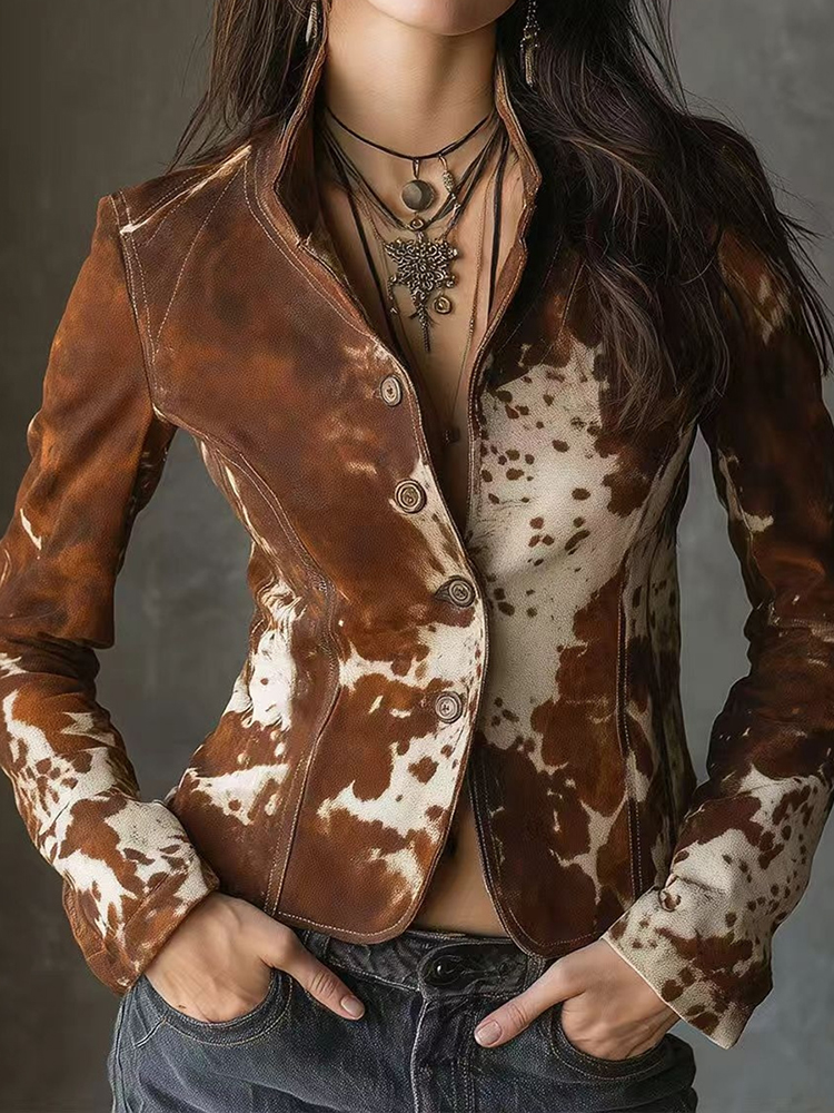 Vintage Stand Collar Suede Cow Print Slim Jacket-elviree