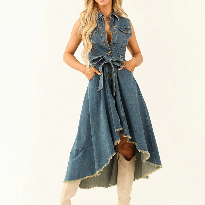 Vintage Irregular Hem Sleeveless Denim Midi Dress-elviree