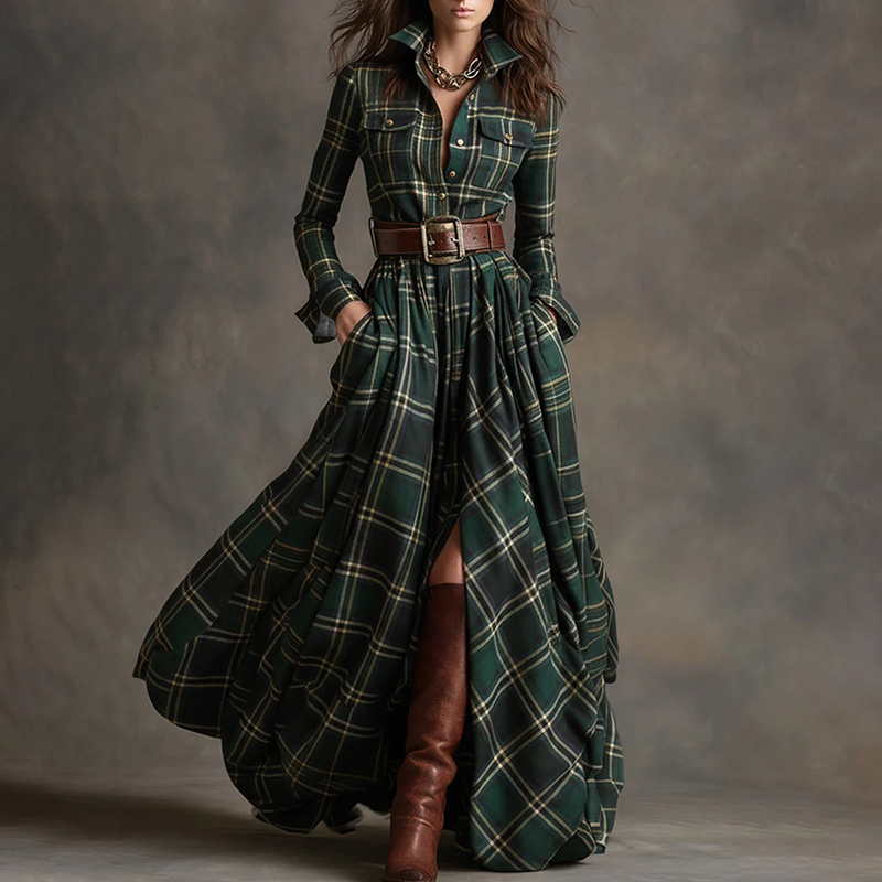 Vintage Western Plaid Pattern Shirt Dress (with Belt)-elviree