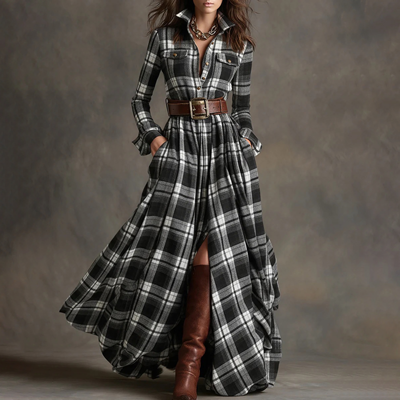 Vintage Western Plaid Pattern Shirt Dress (with Belt)-elviree