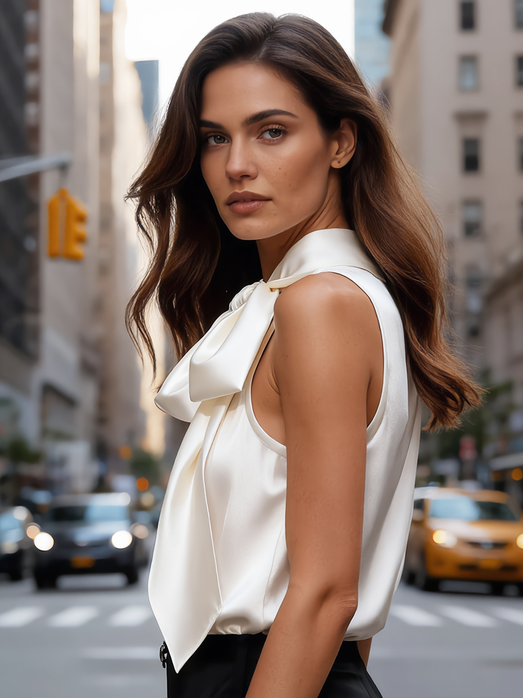 Elegant Champagne White Satin Sleeveless Bow Shirt-elviree