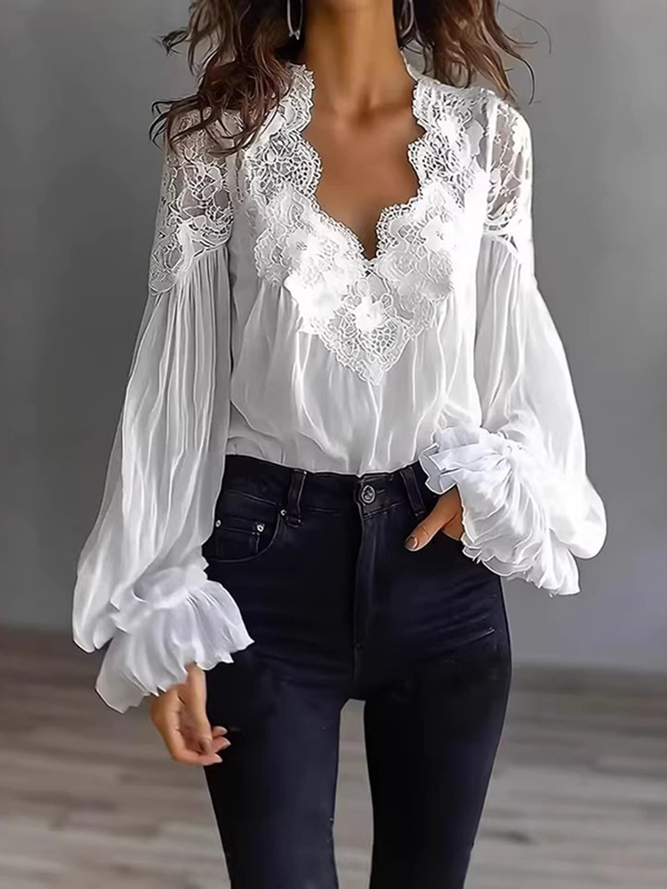 Elegant Lace-trimmed Pleated Long-sleeved Shirt-elviree