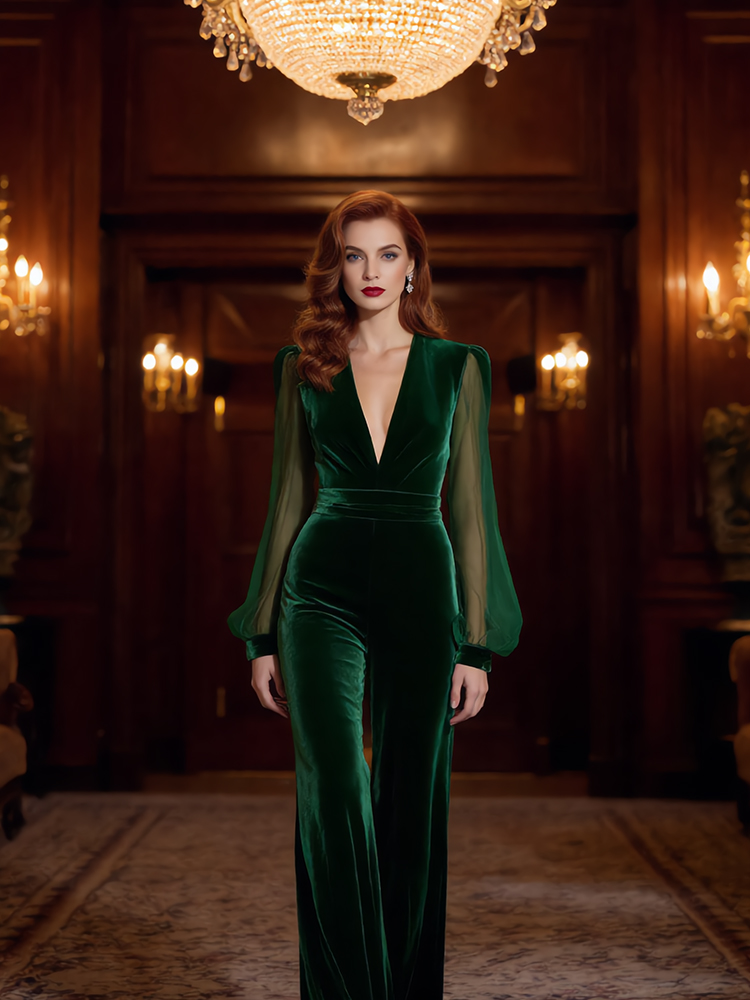 Retro Elegant V Neck Velvet Jumpsuit-elviree