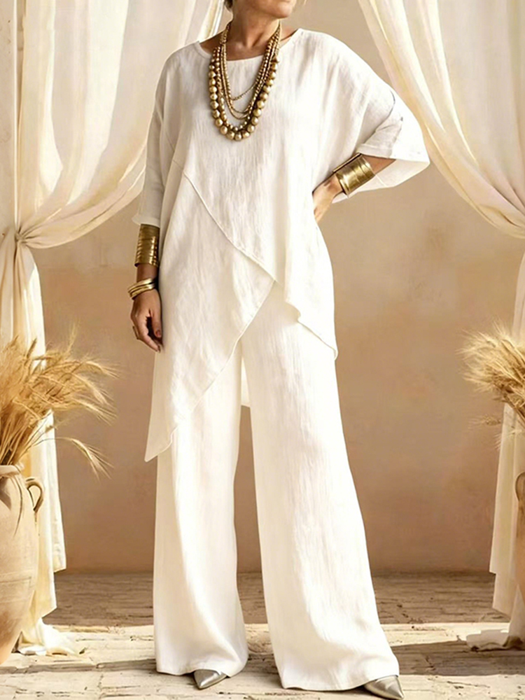 Women's Comfy Linen Blend Flowy Double Layer Design Top And Pants Two-piece Set-elviree