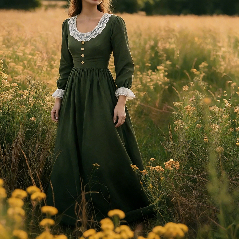 Vintage Lace Patchwork Pleated Linen Maxi Dress-elviree