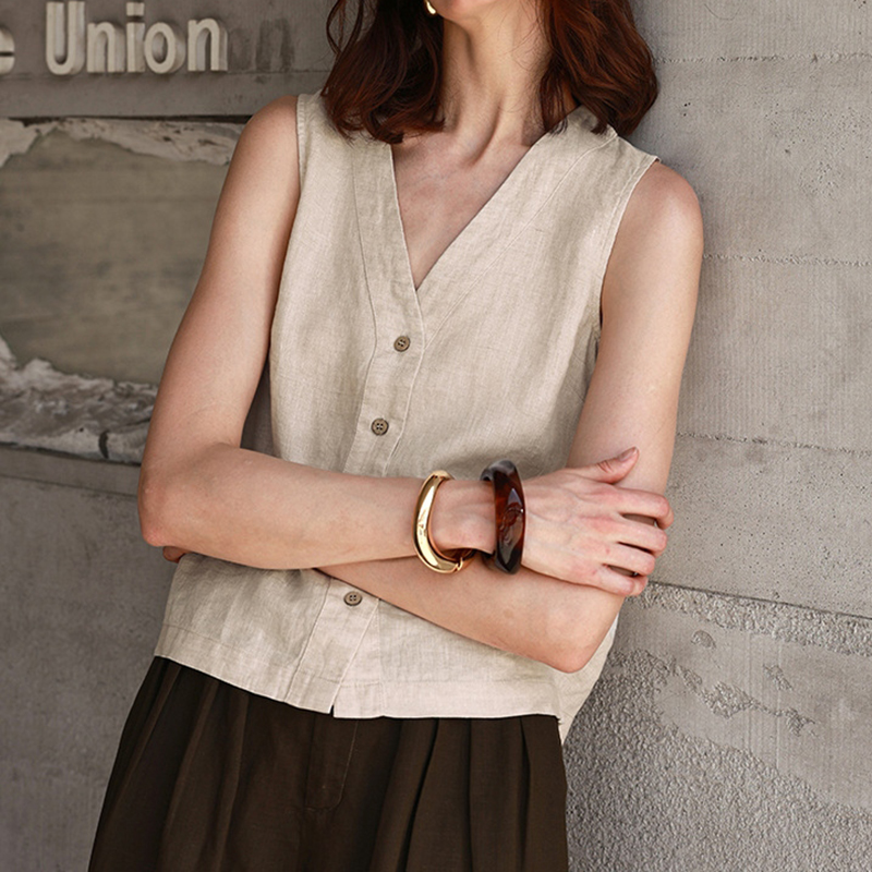 Women's Solid Color Cotton-linen Button-up Vest-elviree