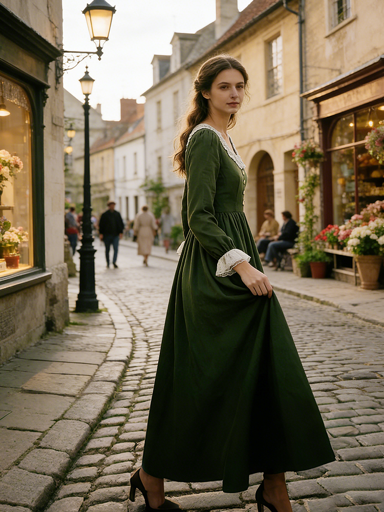 Vintage Lace Patchwork Pleated Linen Maxi Dress-elviree