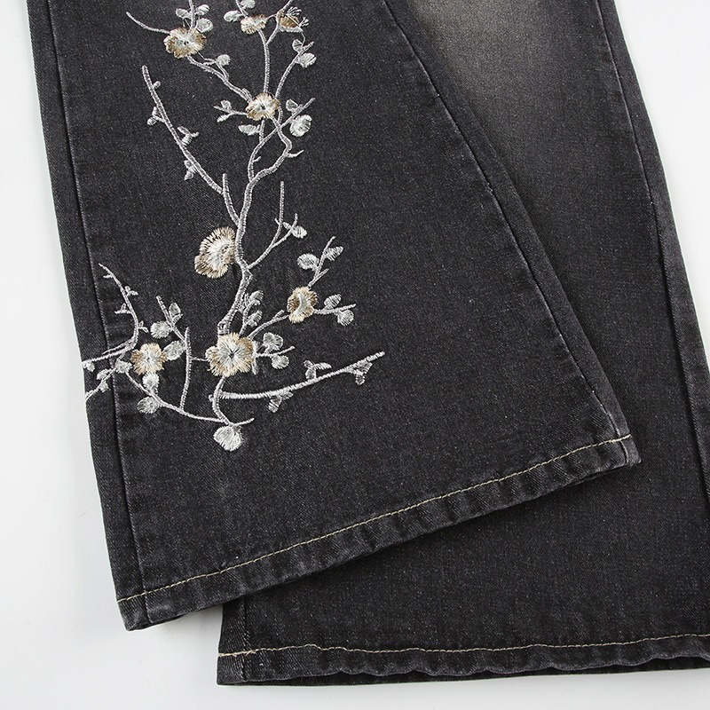 Japanese Art Cherry Blossom Embroidered Washed Flared Jeans-elviree