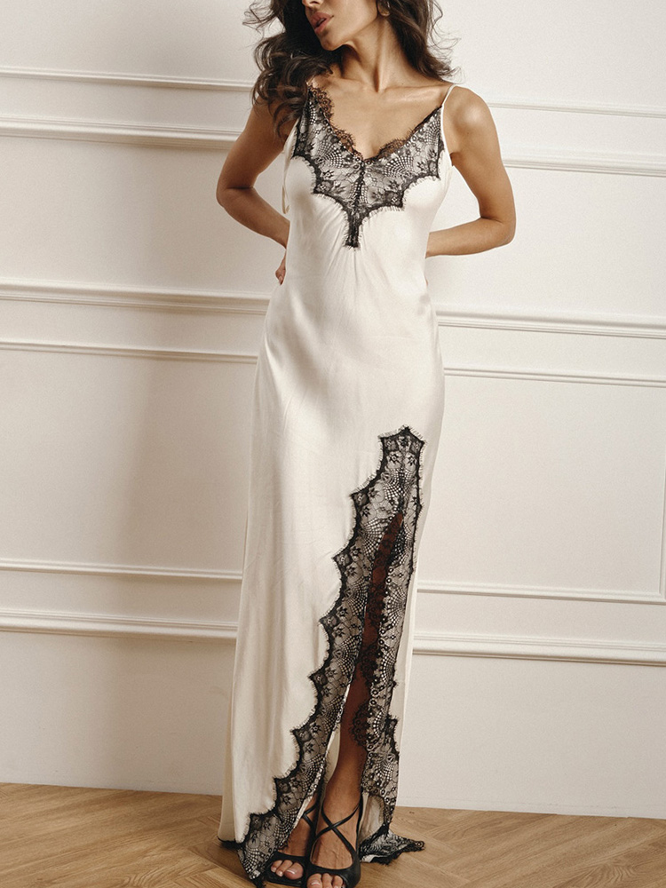 Women's Casual Silk Lace Trim Spaghetti Strap Long Dress-elviree