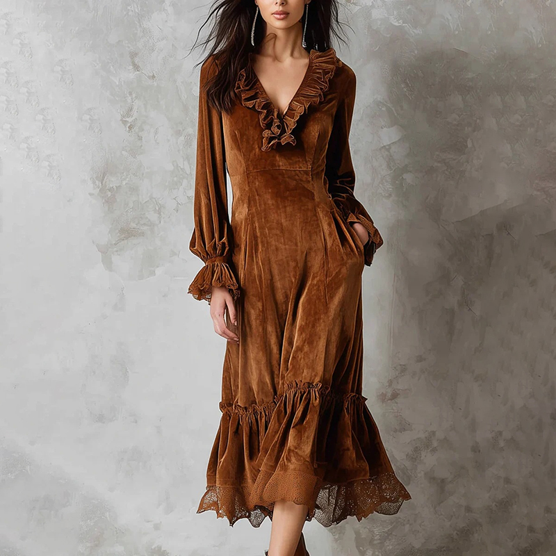 Vintage Lace Spliced ​​lantern Sleeve Ruffled Velvet Midi Dress-elviree