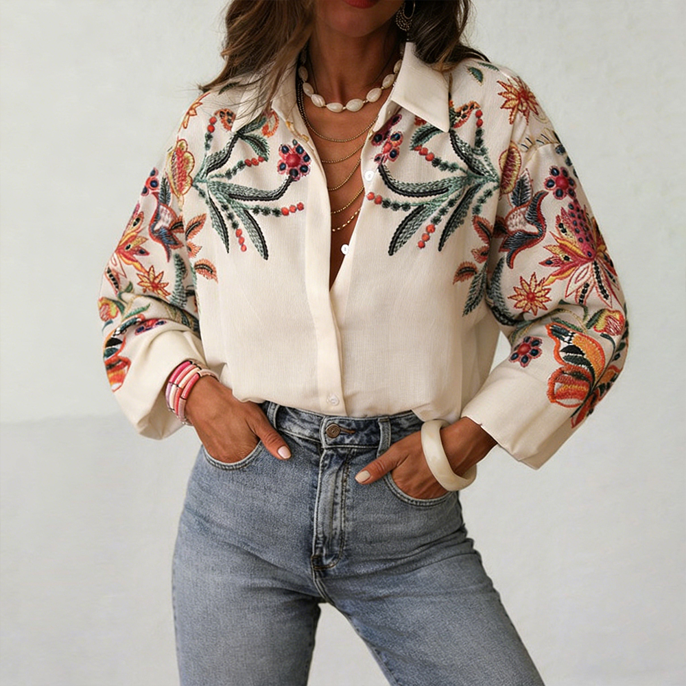 Women's Retro Floral Embroidered Collar Shirt-elviree