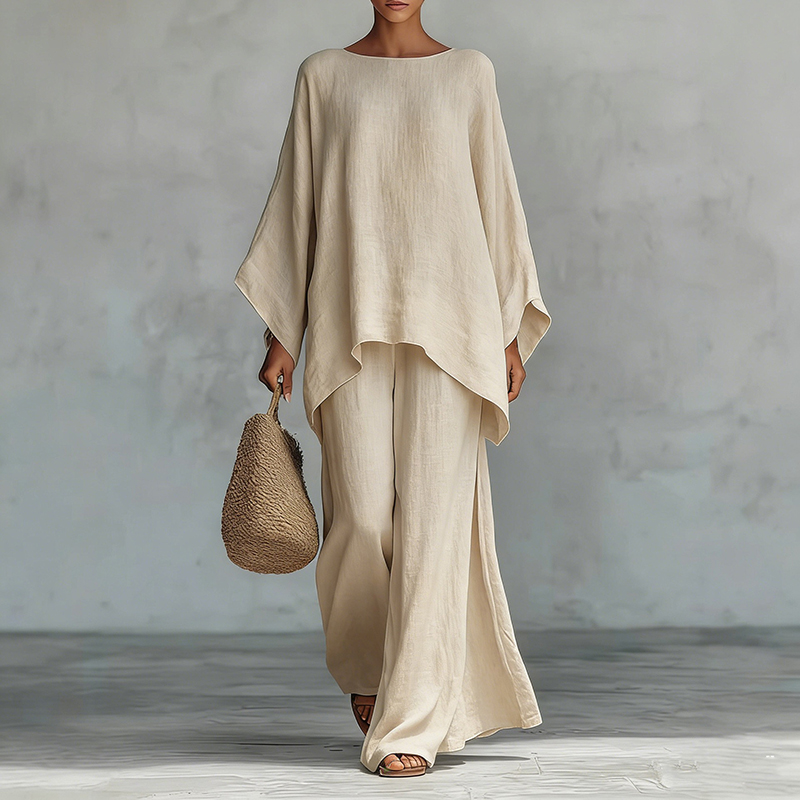 Women's Comfy Linen Blend Flowy Top And Pants Two-piece Set-elviree