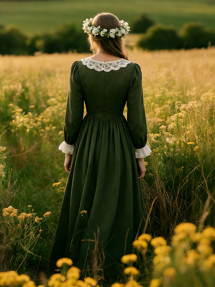 Vintage Lace Patchwork Pleated Linen Maxi Dress-elviree