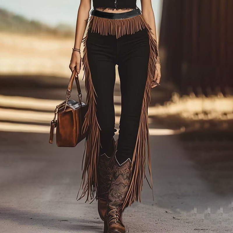 Vintage Western Denim Style Tassel Solid Color Slim Fit Pants-elviree