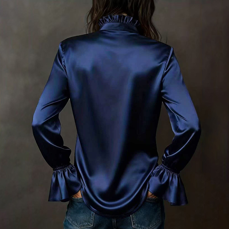 Elegant Solid Color Waltz Satin Long-sleeved Shirt-elviree