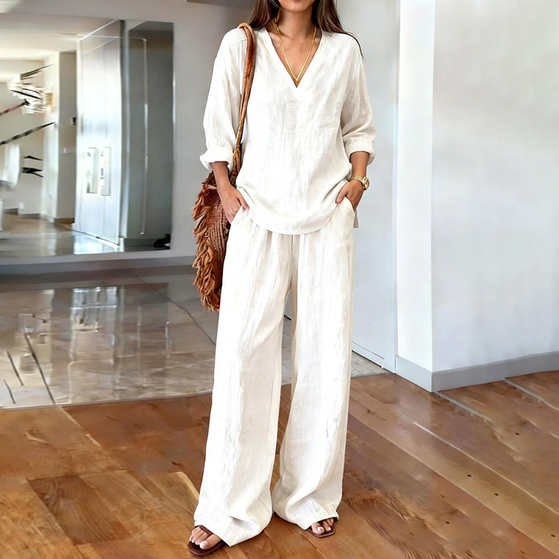 Women's Comfy Linen Blend Casual Long Sleeve V-neck Top And Pants Two-piece Set-elviree