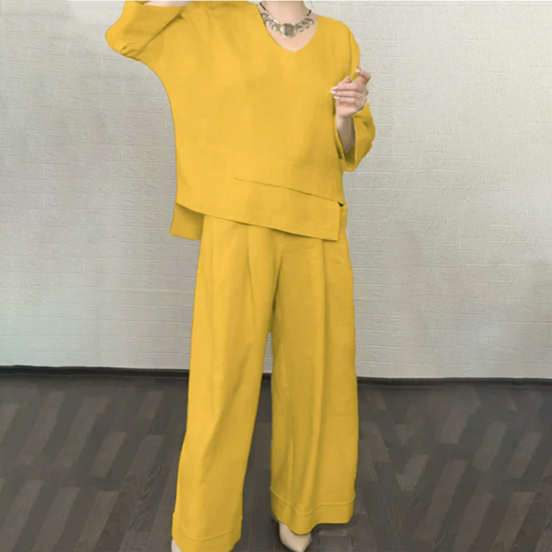 Women's Comfy Linen Blend Double Layer Design V-neck Top And Pants Two-piece Set-elviree