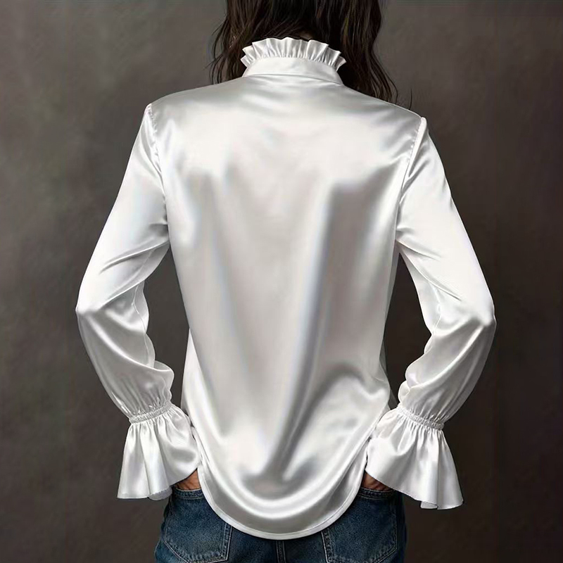 Elegant Solid Color Waltz Satin Long-sleeved Shirt-elviree
