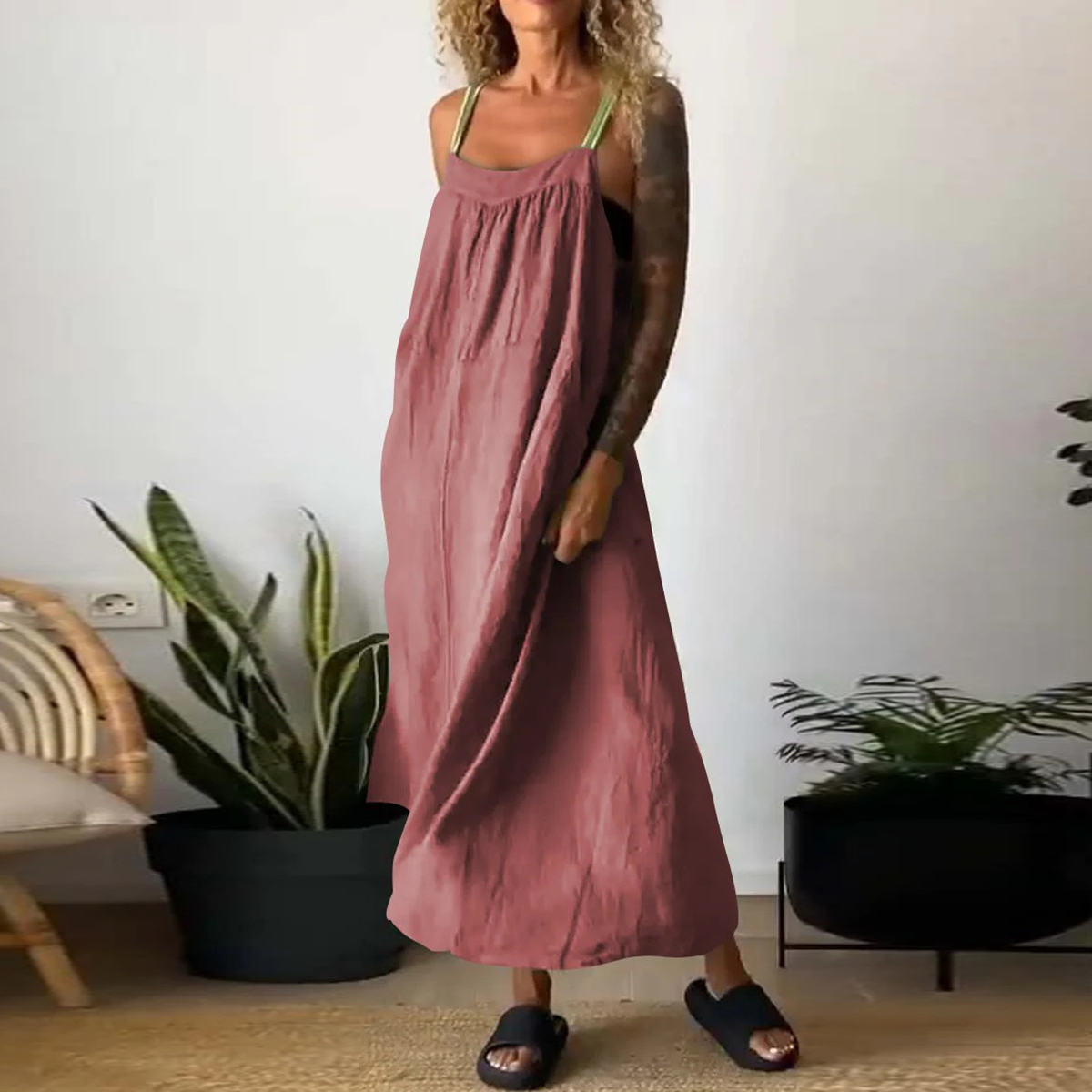 Casual Solid Color Cotton And Linen Suspender Dress-elviree