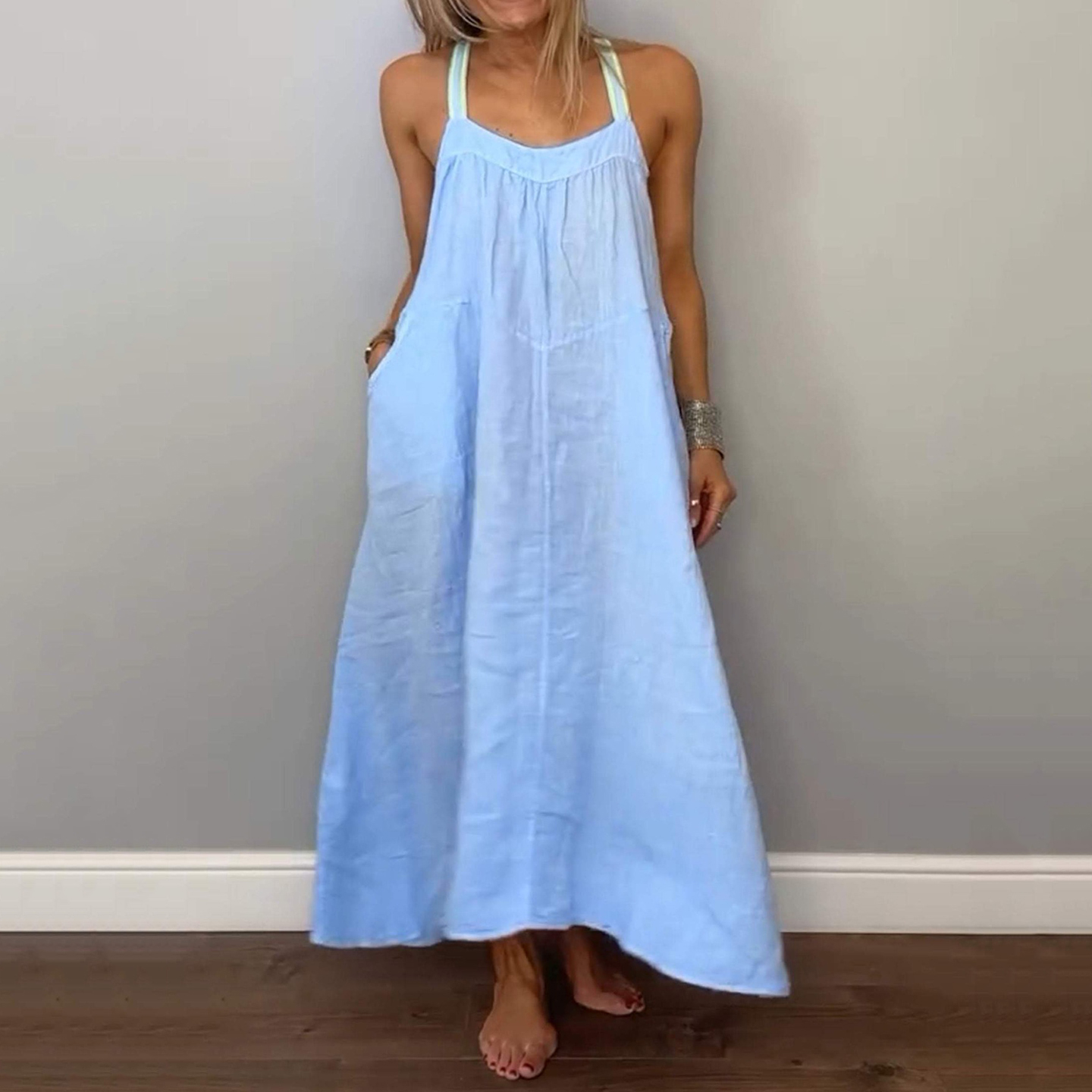 Casual Solid Color Cotton And Linen Suspender Dress-elviree