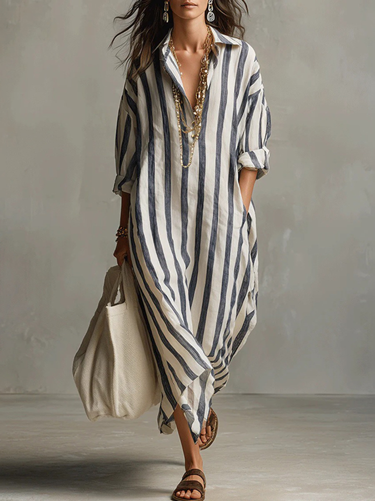 Women's Casual Striped Cotton Linen Maxi Shirt Dress-elviree