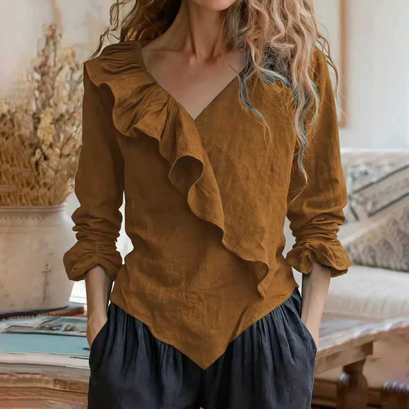 Women's Elegant Ruffled Cotton Linen Top-elviree
