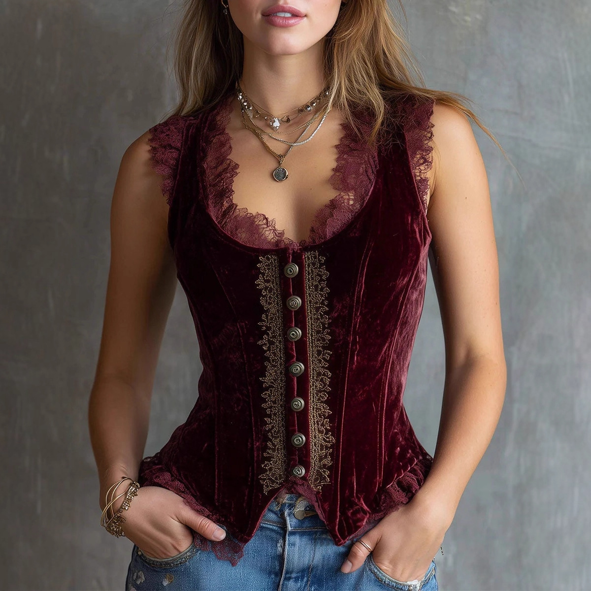 Lace V-neck Black Top Summer Women's Velvet Sleeveless Tank Top-elviree