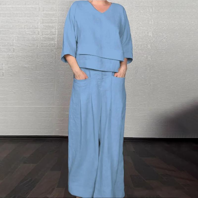 Women's Comfy Linen Blend Double Layer Design V-neck Top And Pants Two-piece Set-elviree