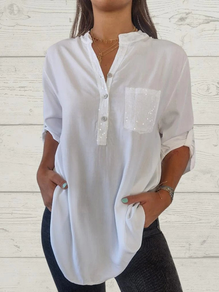 Sequin Patchwork V-Neck Shirt-elviree