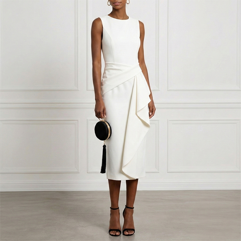 Elegant Solid Color Asymmetrical Midi Dress-elviree