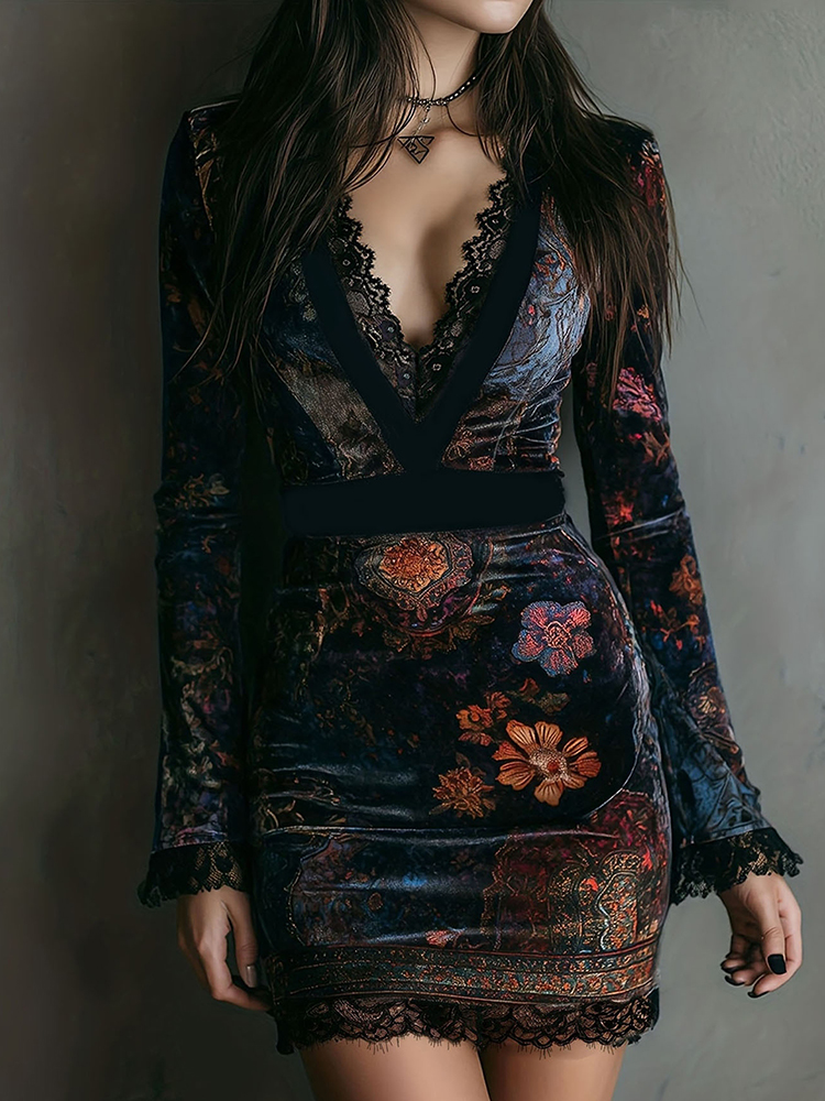 Women's Vintage Lace Trim Patchwork Floral Embroidered Dress-elviree