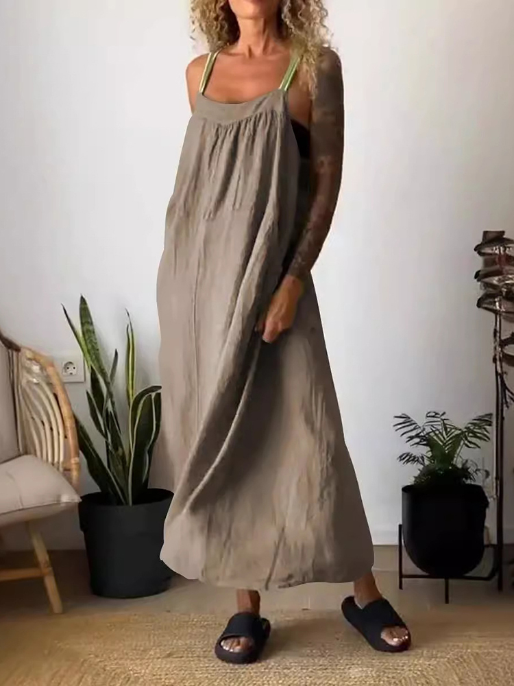 Casual Solid Color Cotton And Linen Suspender Dress-elviree