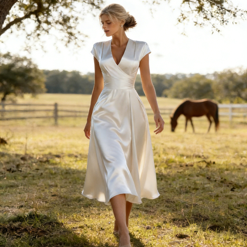 Elegant Simple V Neck Satin Flowy Maxi Dress-elviree