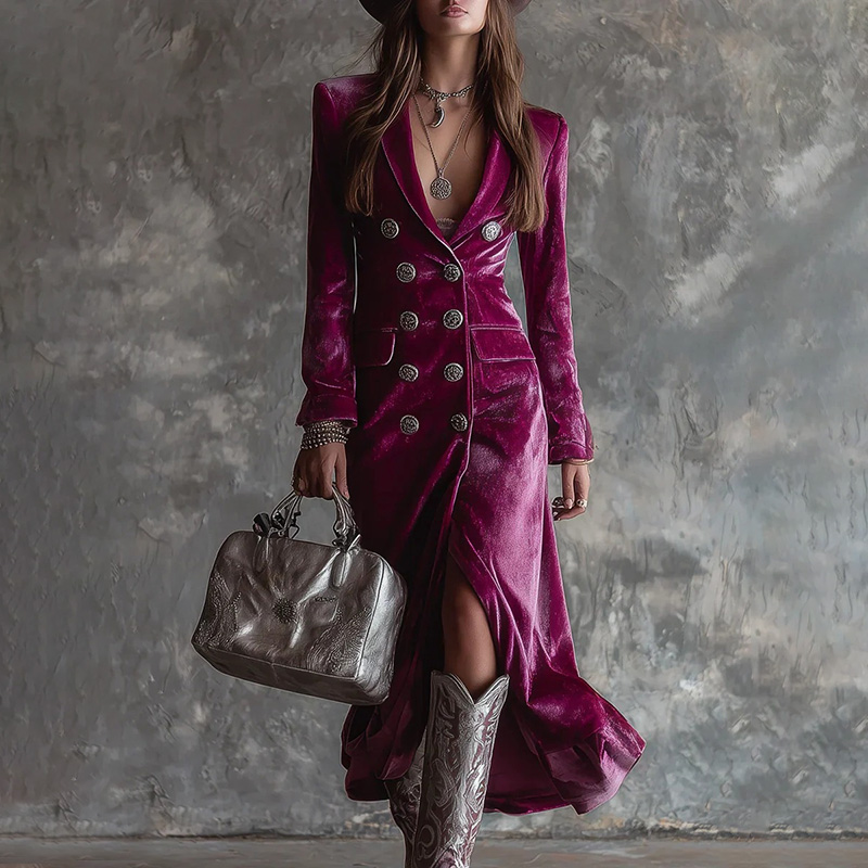 Vintage Double-breasted Slim Fit Velvet Collared Midi Dress-elviree