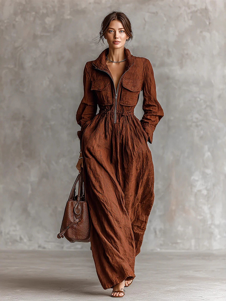 Vintage Zip Lapel Elastic Waist Maxi Dress-elviree